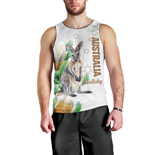 Australia Wallaby Men Tank Top Yellow Banksia Watercolor Style - Aussie Hoodie