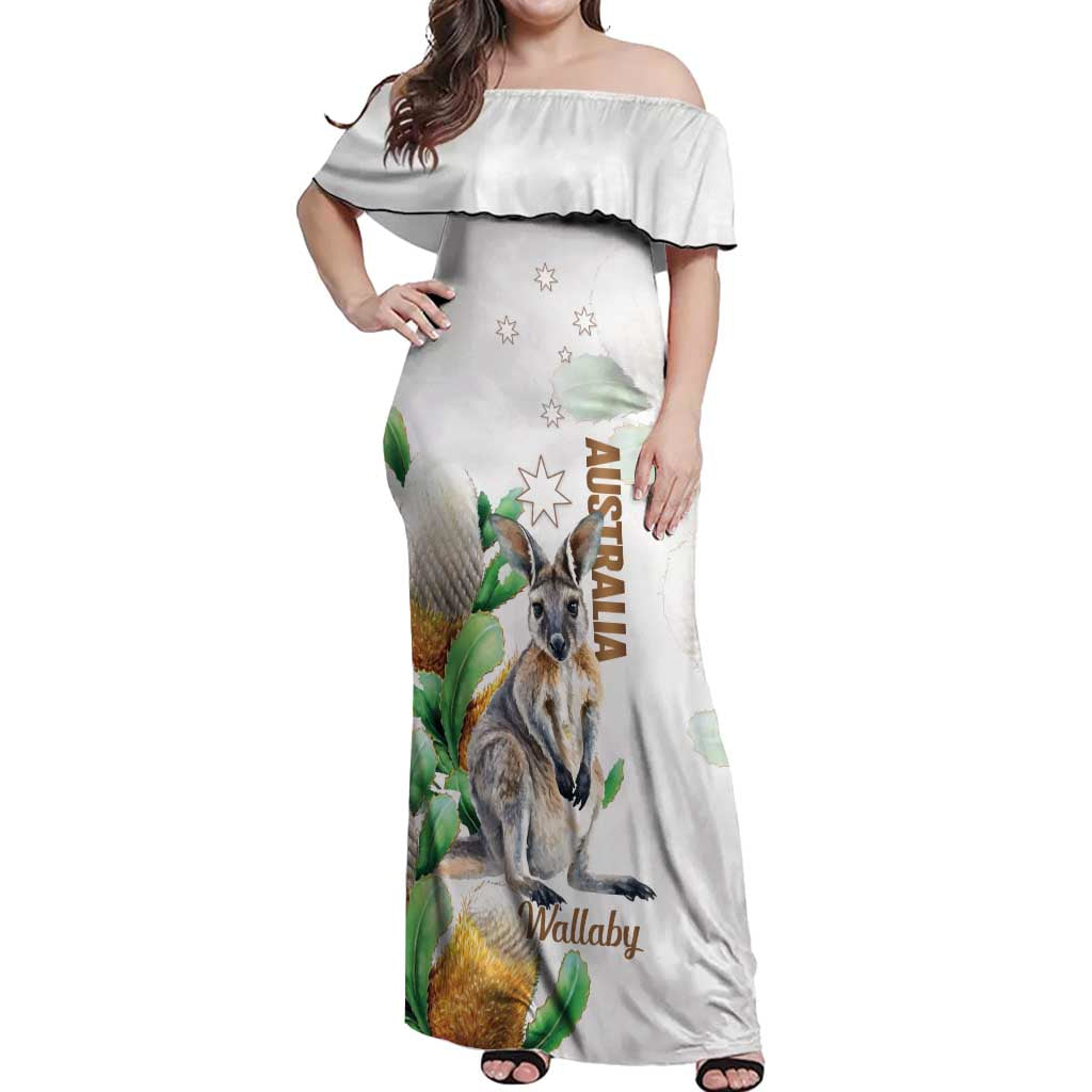 Australia Wallaby Off Shoulder Maxi Dress Yellow Banksia Watercolor Style - Aussie Hoodie