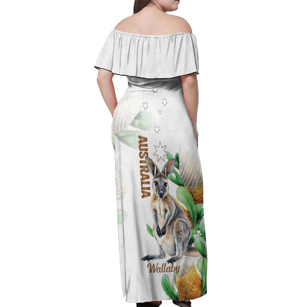 Australia Wallaby Off Shoulder Maxi Dress Yellow Banksia Watercolor Style - Aussie Hoodie
