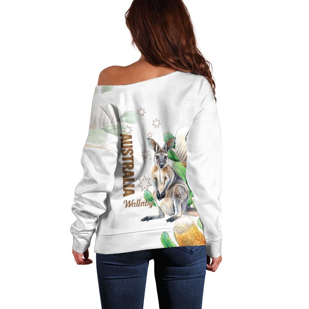 Australia Wallaby Off Shoulder Sweater Yellow Banksia Watercolor Style - Aussie Hoodie