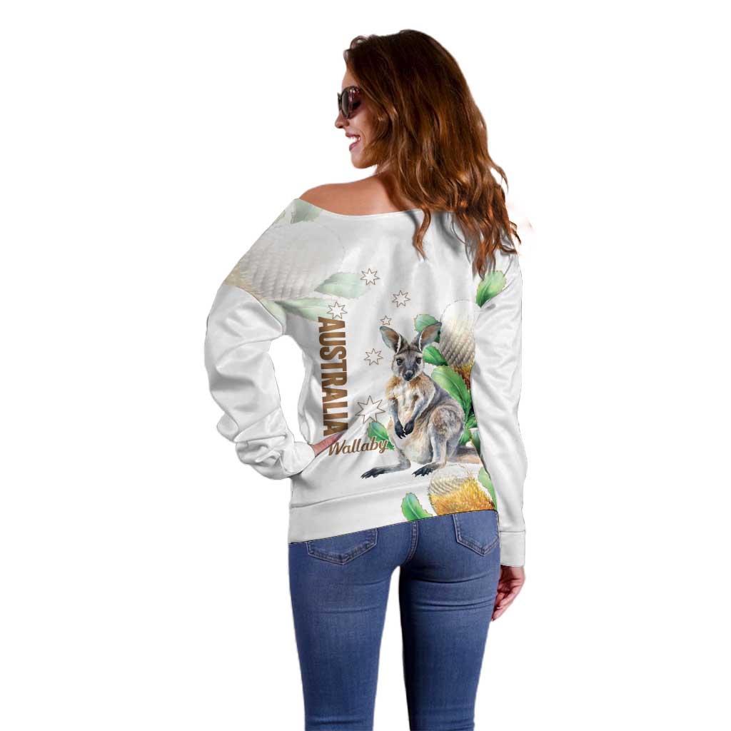 Australia Wallaby Off Shoulder Sweater Yellow Banksia Watercolor Style - Aussie Hoodie