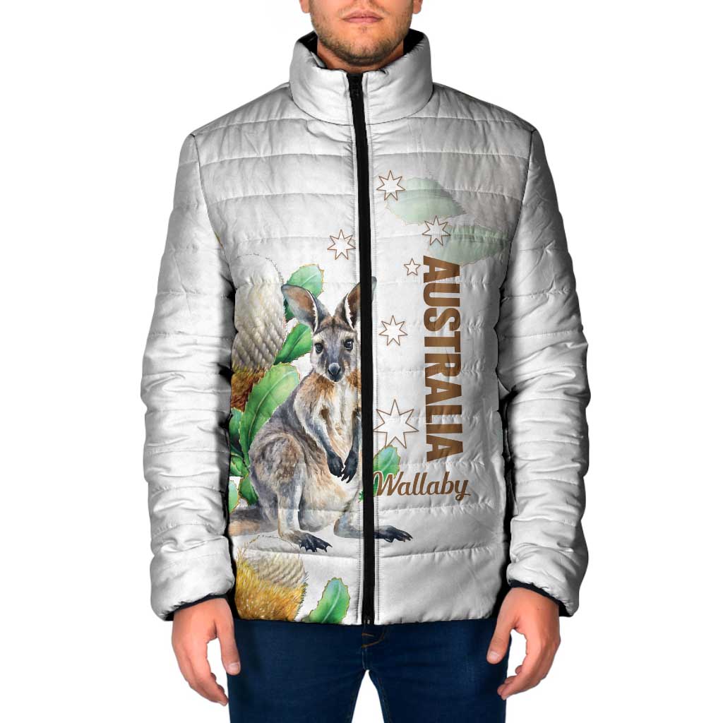 Australia Wallaby Padded Jacket Yellow Banksia Watercolor Style - Aussie Hoodie