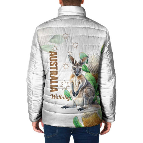 Australia Wallaby Padded Jacket Yellow Banksia Watercolor Style - Aussie Hoodie