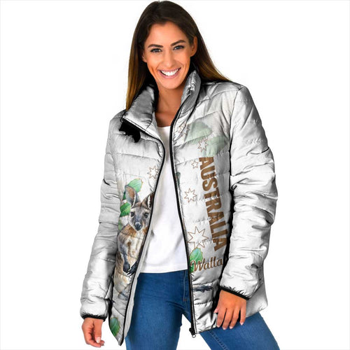 Australia Wallaby Padded Jacket Yellow Banksia Watercolor Style - Aussie Hoodie