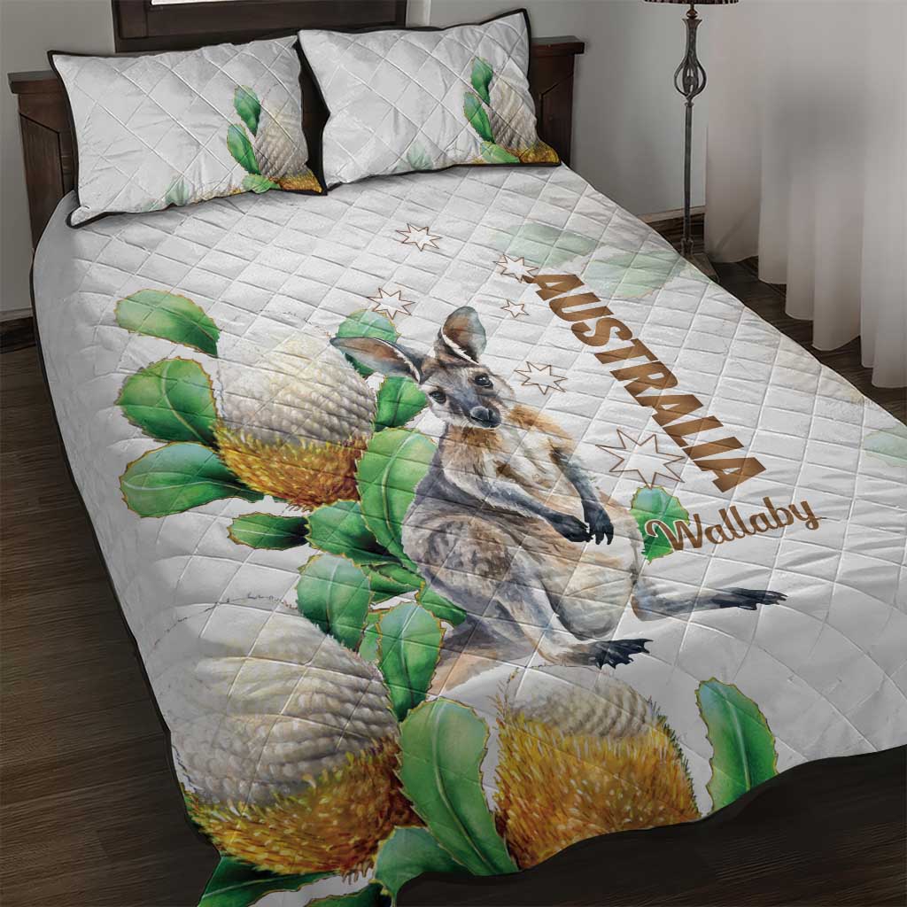 Australia Wallaby Quilt Bed Set Yellow Banksia Watercolor Style - Aussie Hoodie