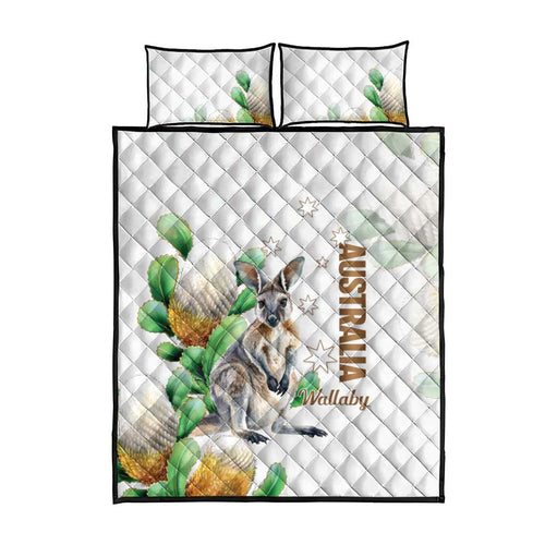 Australia Wallaby Quilt Bed Set Yellow Banksia Watercolor Style - Aussie Hoodie