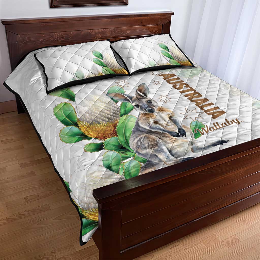 Australia Wallaby Quilt Bed Set Yellow Banksia Watercolor Style - Aussie Hoodie