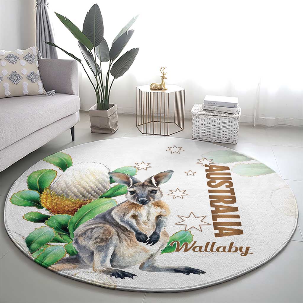 Australia Wallaby Round Carpet Yellow Banksia Watercolor Style - Aussie Hoodie