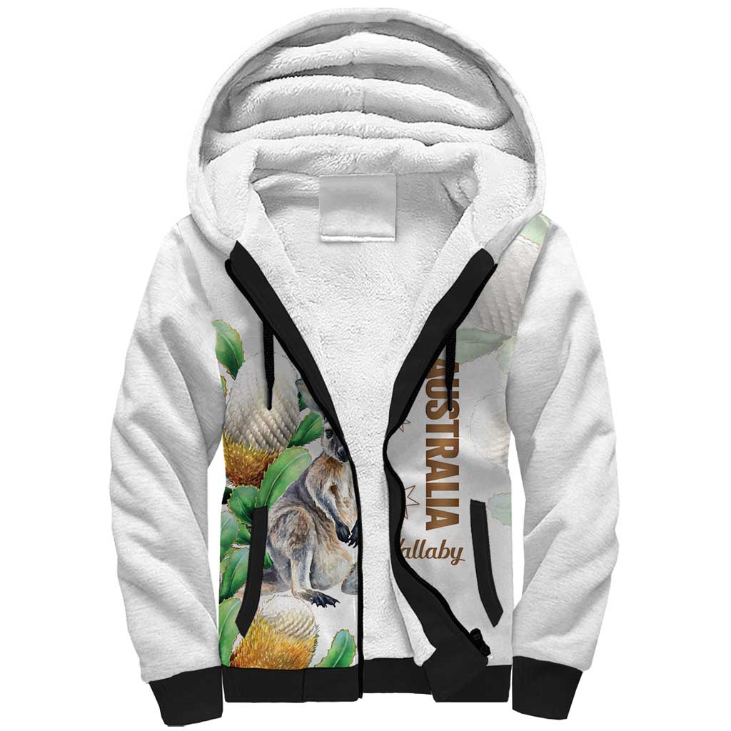 Australia Wallaby Sherpa Hoodie Yellow Banksia Watercolor Style - Aussie Hoodie