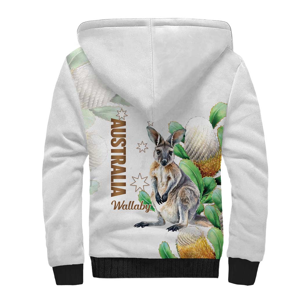 Australia Wallaby Sherpa Hoodie Yellow Banksia Watercolor Style - Aussie Hoodie