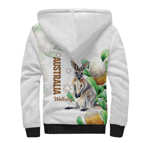 Australia Wallaby Sherpa Hoodie Yellow Banksia Watercolor Style - Aussie Hoodie