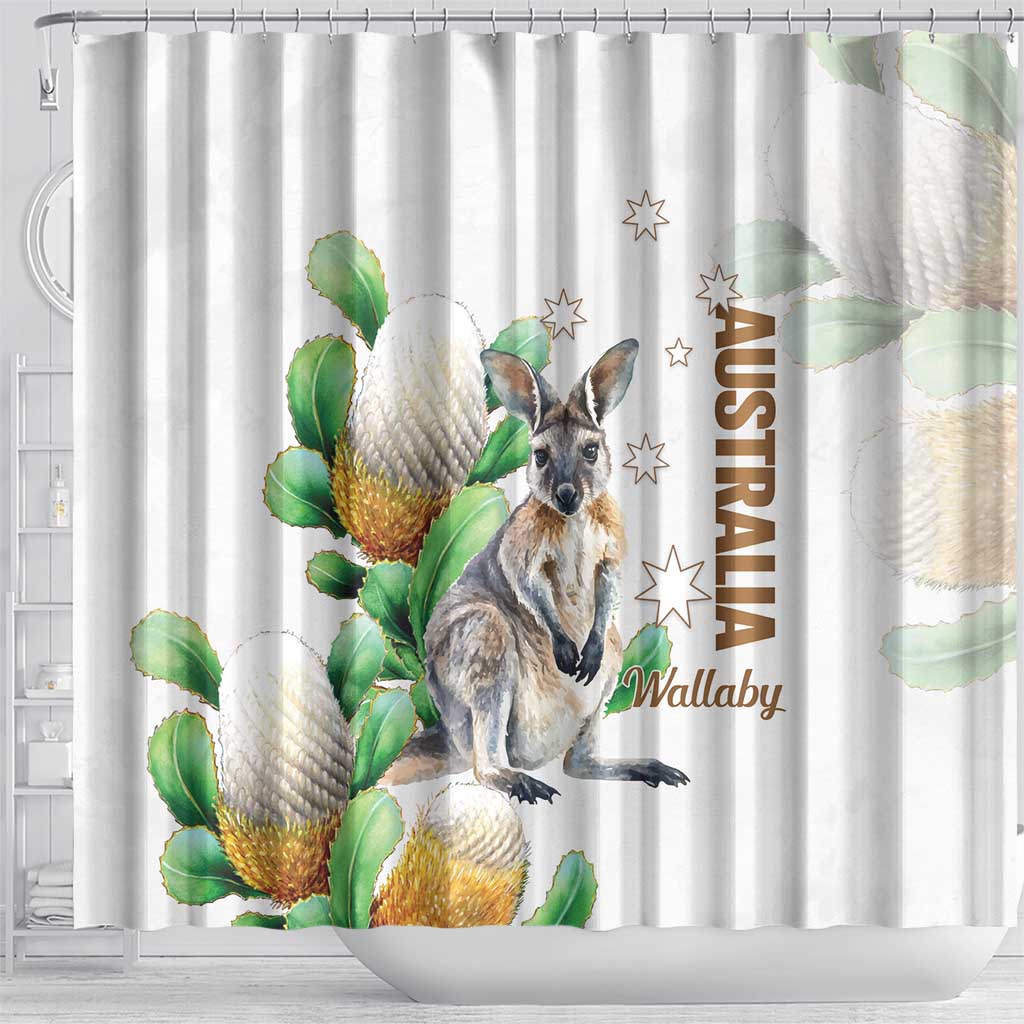 Australia Wallaby Shower Curtain Yellow Banksia Watercolor Style - Aussie Hoodie
