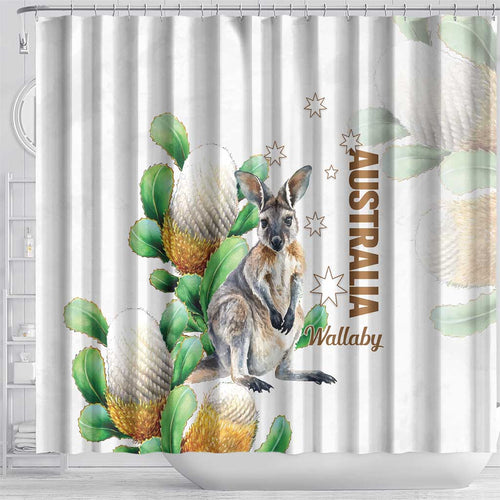 Australia Wallaby Shower Curtain Yellow Banksia Watercolor Style - Aussie Hoodie