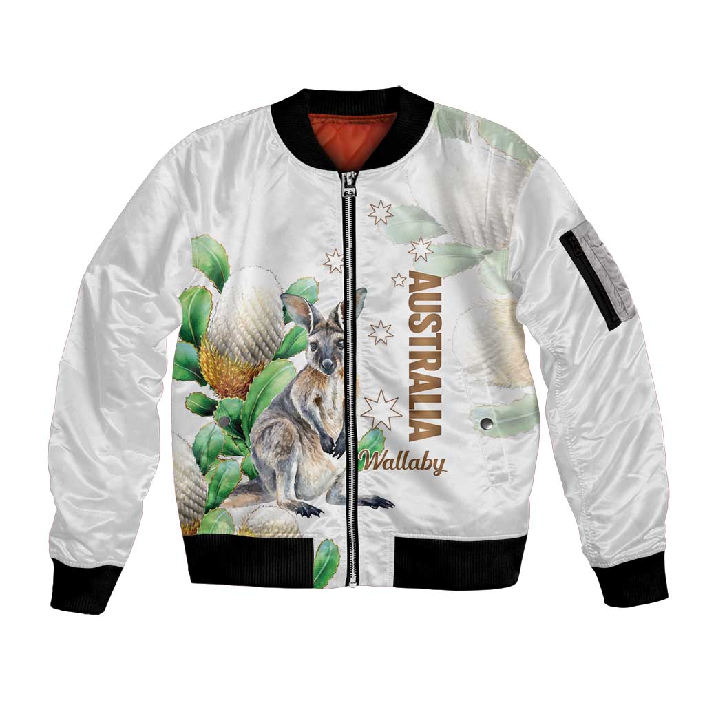 Australia Wallaby Sleeve Zip Bomber Jacket Yellow Banksia Watercolor Style - Aussie Hoodie