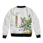 Australia Wallaby Sleeve Zip Bomber Jacket Yellow Banksia Watercolor Style - Aussie Hoodie