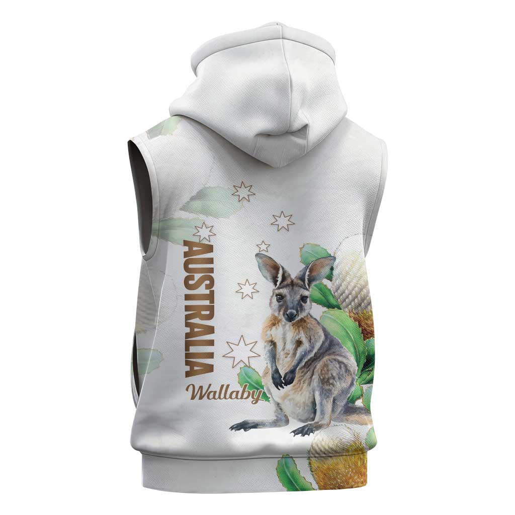 Australia Wallaby Sleeveless Hoodie Yellow Banksia Watercolor Style - Aussie Hoodie