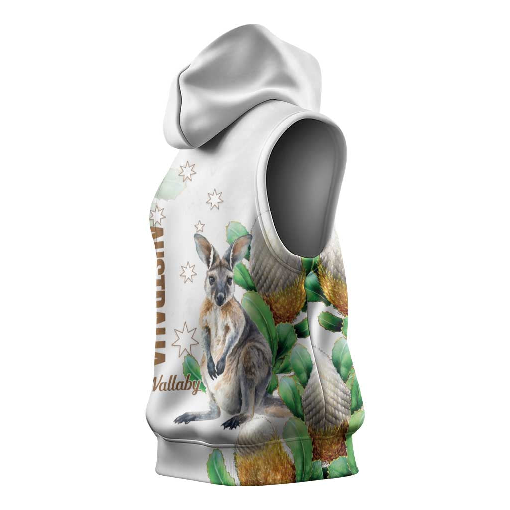 Australia Wallaby Sleeveless Hoodie Yellow Banksia Watercolor Style - Aussie Hoodie