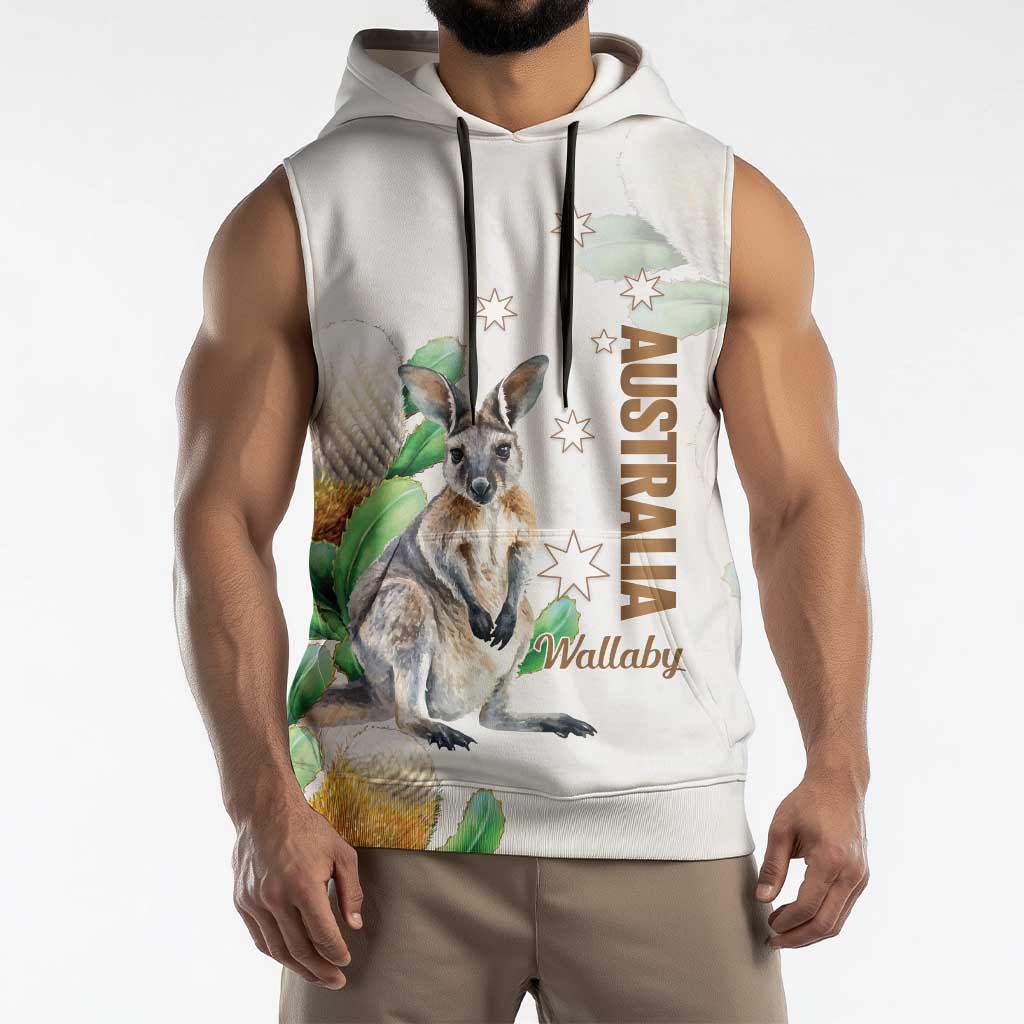 Australia Wallaby Sleeveless Hoodie Yellow Banksia Watercolor Style - Aussie Hoodie