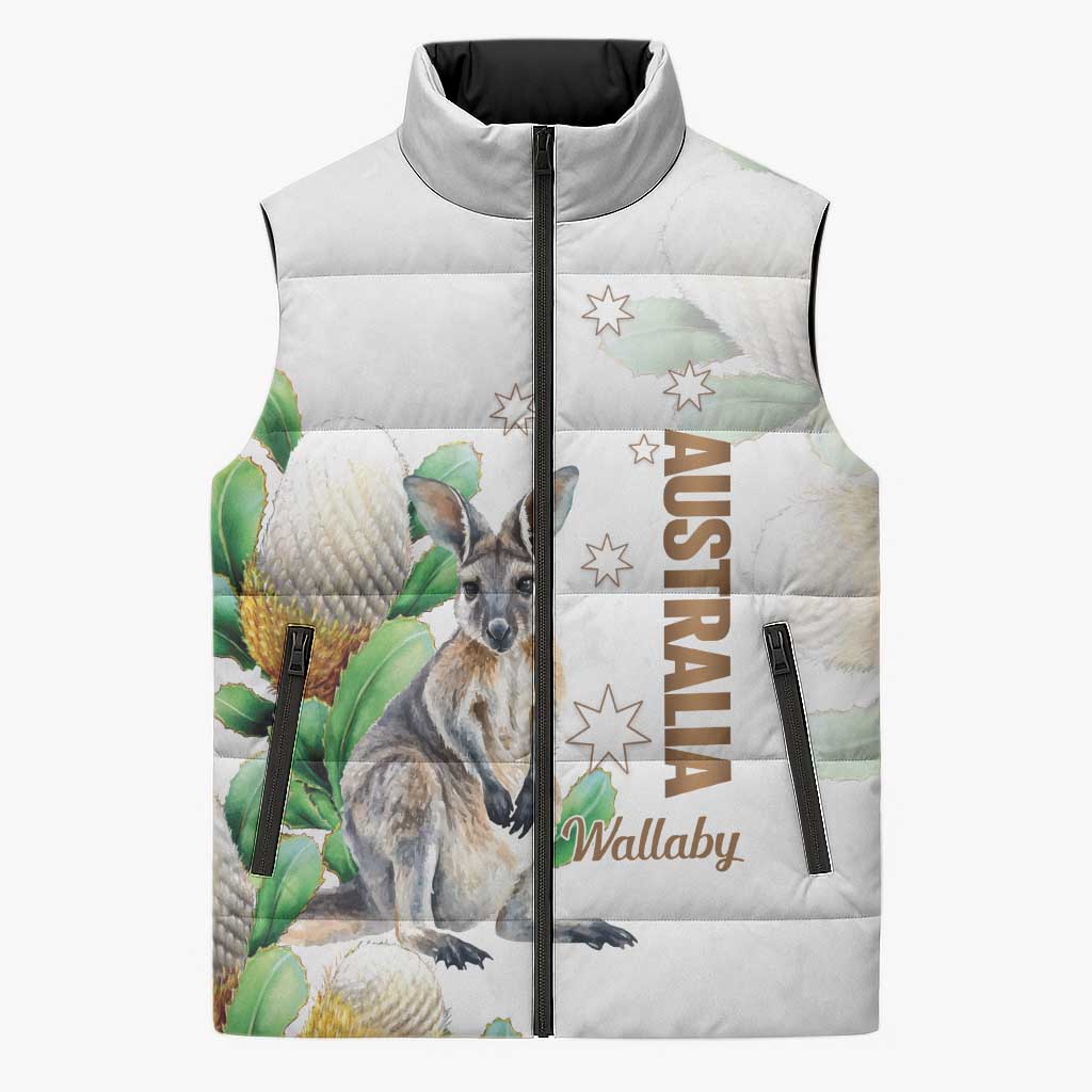 Australia Wallaby Sleeveless Puffer Jacket Yellow Banksia Watercolor Style - Aussie Hoodie
