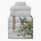 Australia Wallaby Sleeveless Puffer Jacket Yellow Banksia Watercolor Style - Aussie Hoodie