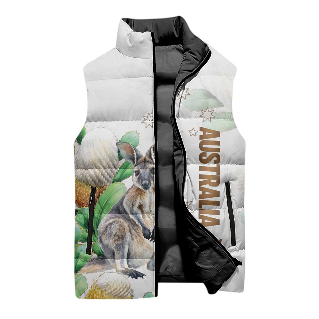 Australia Wallaby Sleeveless Puffer Jacket Yellow Banksia Watercolor Style - Aussie Hoodie