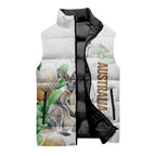 Australia Wallaby Sleeveless Puffer Jacket Yellow Banksia Watercolor Style - Aussie Hoodie