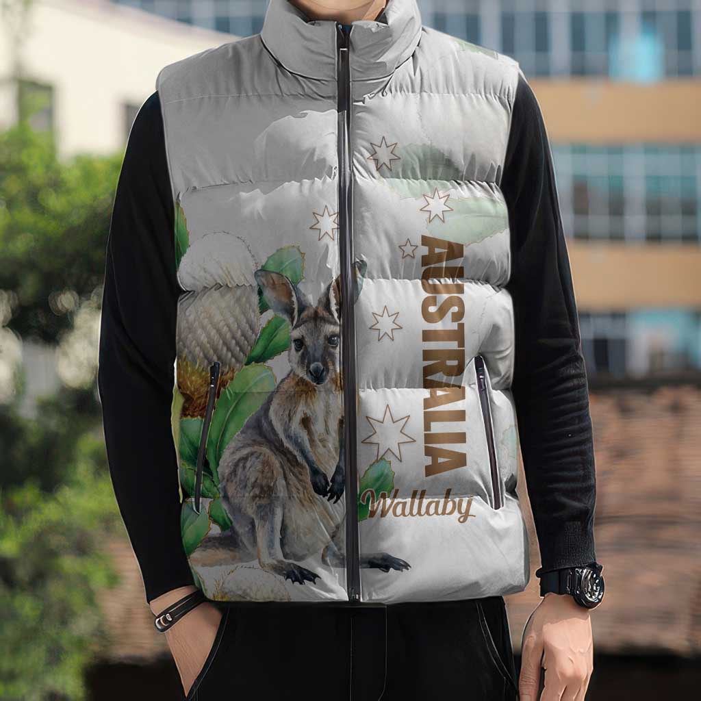 Australia Wallaby Sleeveless Puffer Jacket Yellow Banksia Watercolor Style - Aussie Hoodie