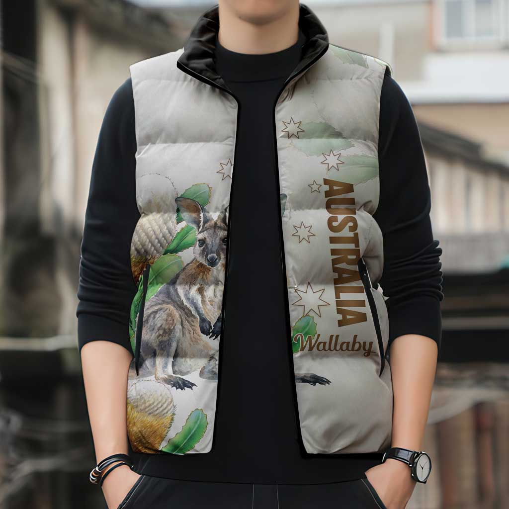 Australia Wallaby Sleeveless Puffer Jacket Yellow Banksia Watercolor Style - Aussie Hoodie