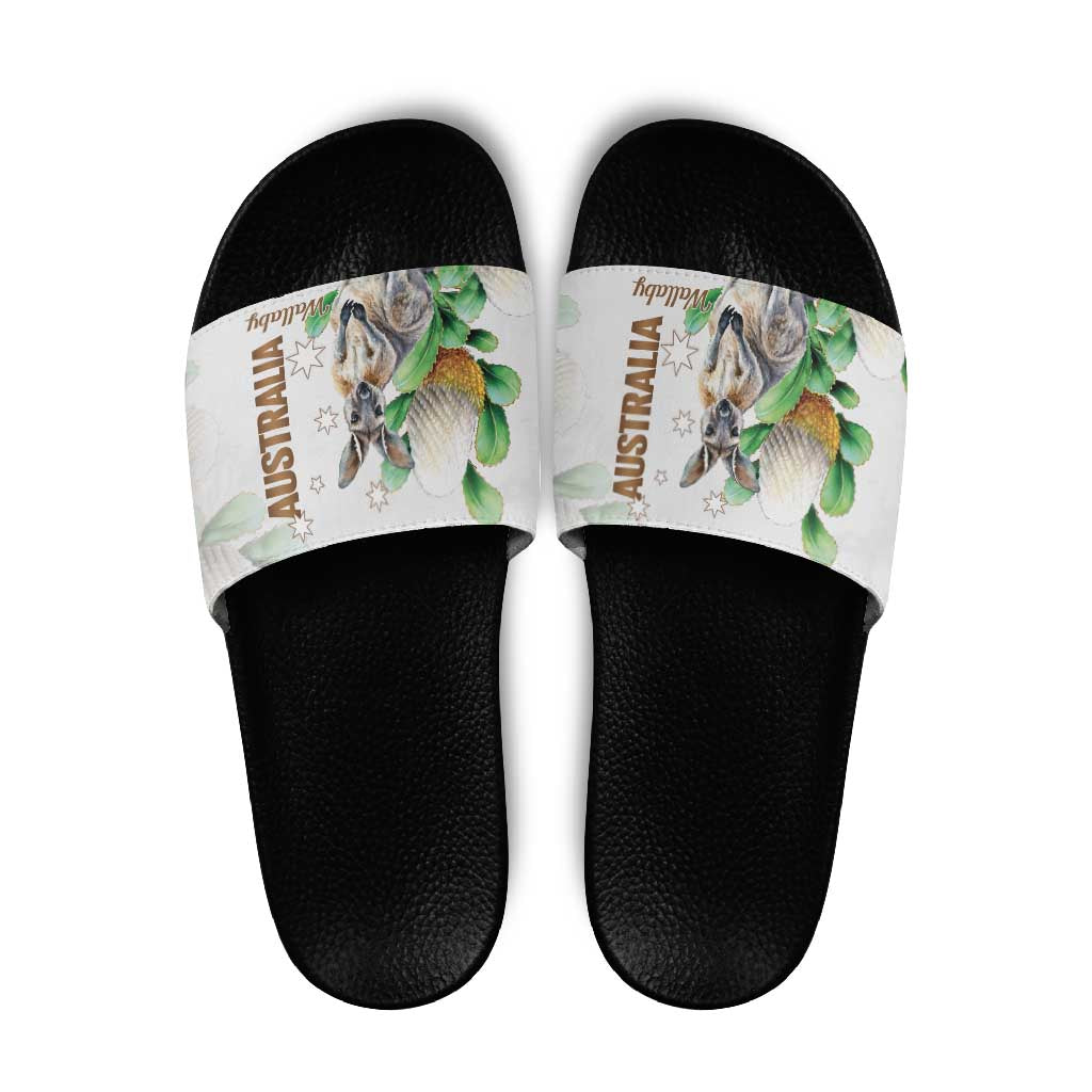 Australia Wallaby Slide Sandals Yellow Banksia Watercolor Style - Aussie Hoodie