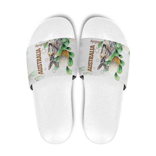 Australia Wallaby Slide Sandals Yellow Banksia Watercolor Style - Aussie Hoodie