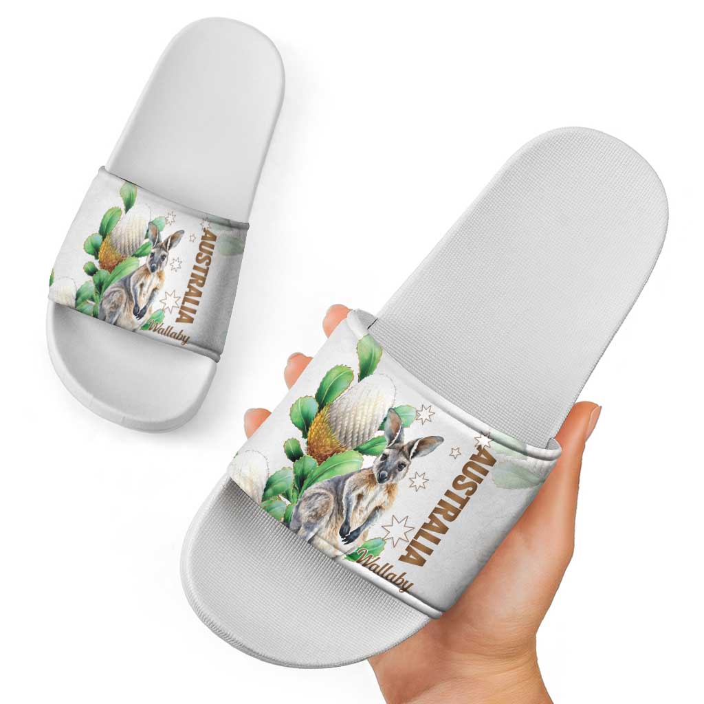 Australia Wallaby Slide Sandals Yellow Banksia Watercolor Style - Aussie Hoodie