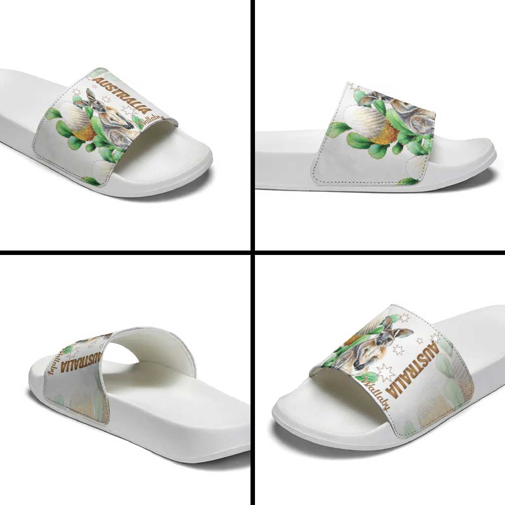 Australia Wallaby Slide Sandals Yellow Banksia Watercolor Style - Aussie Hoodie