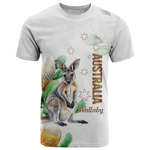Australia Wallaby T Shirt Yellow Banksia Watercolor Style - Aussie Hoodie