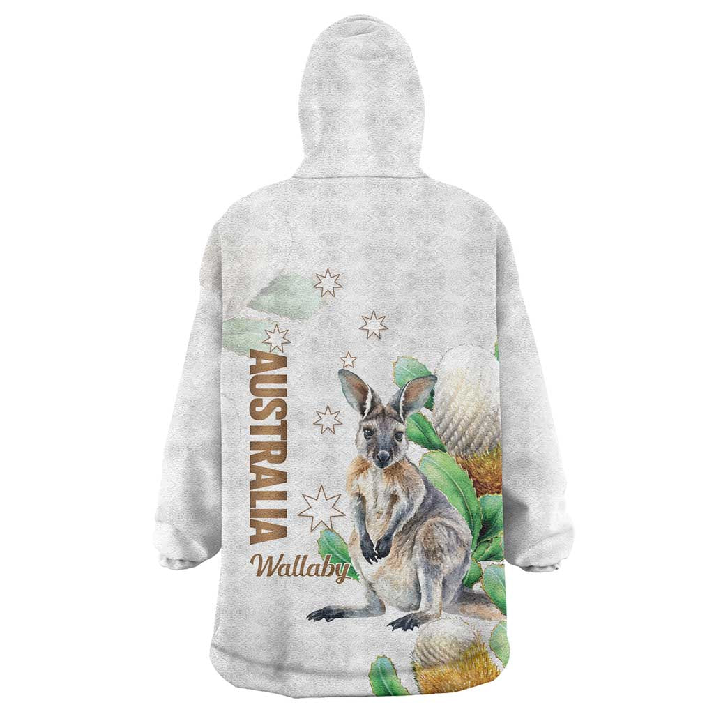 Australia Wallaby Wearable Blanket Hoodie Yellow Banksia Watercolor Style - Aussie Hoodie