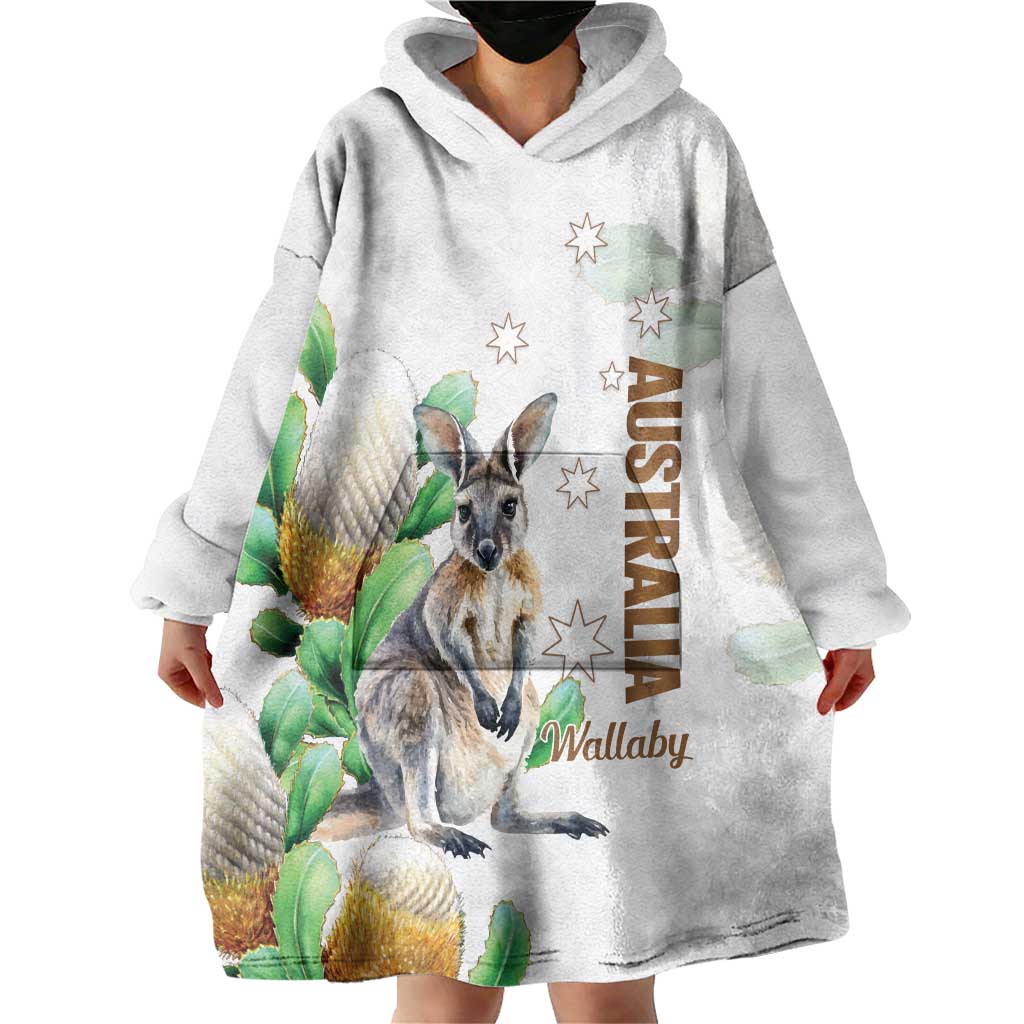 Australia Wallaby Wearable Blanket Hoodie Yellow Banksia Watercolor Style - Aussie Hoodie