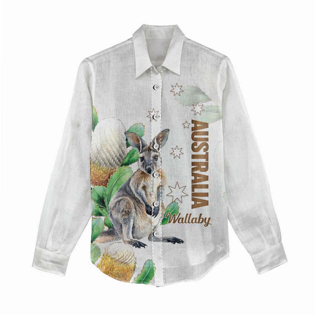 Australia Wallaby Women Casual Shirt Yellow Banksia Watercolor Style - Aussie Hoodie