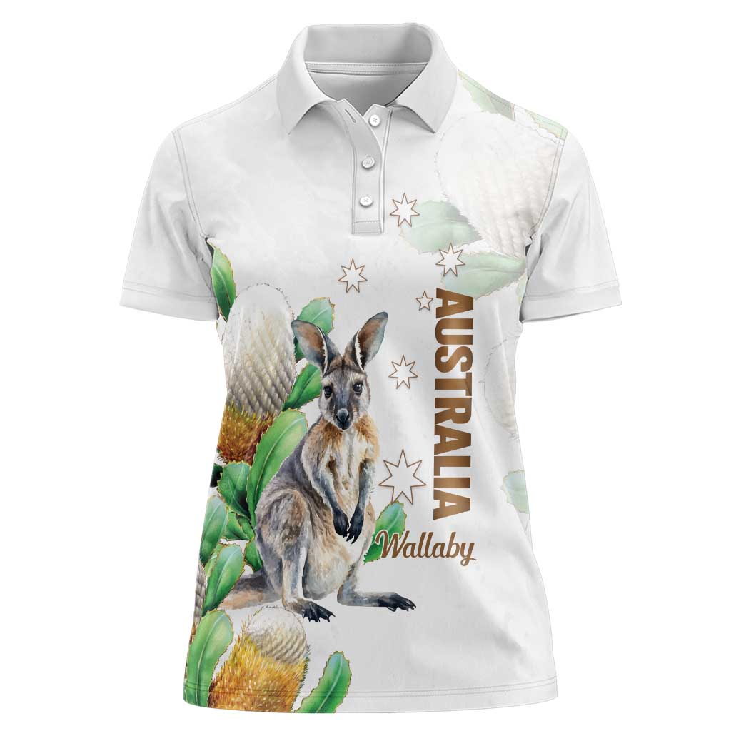 Australia Wallaby Women Polo Shirt Yellow Banksia Watercolor Style - Aussie Hoodie