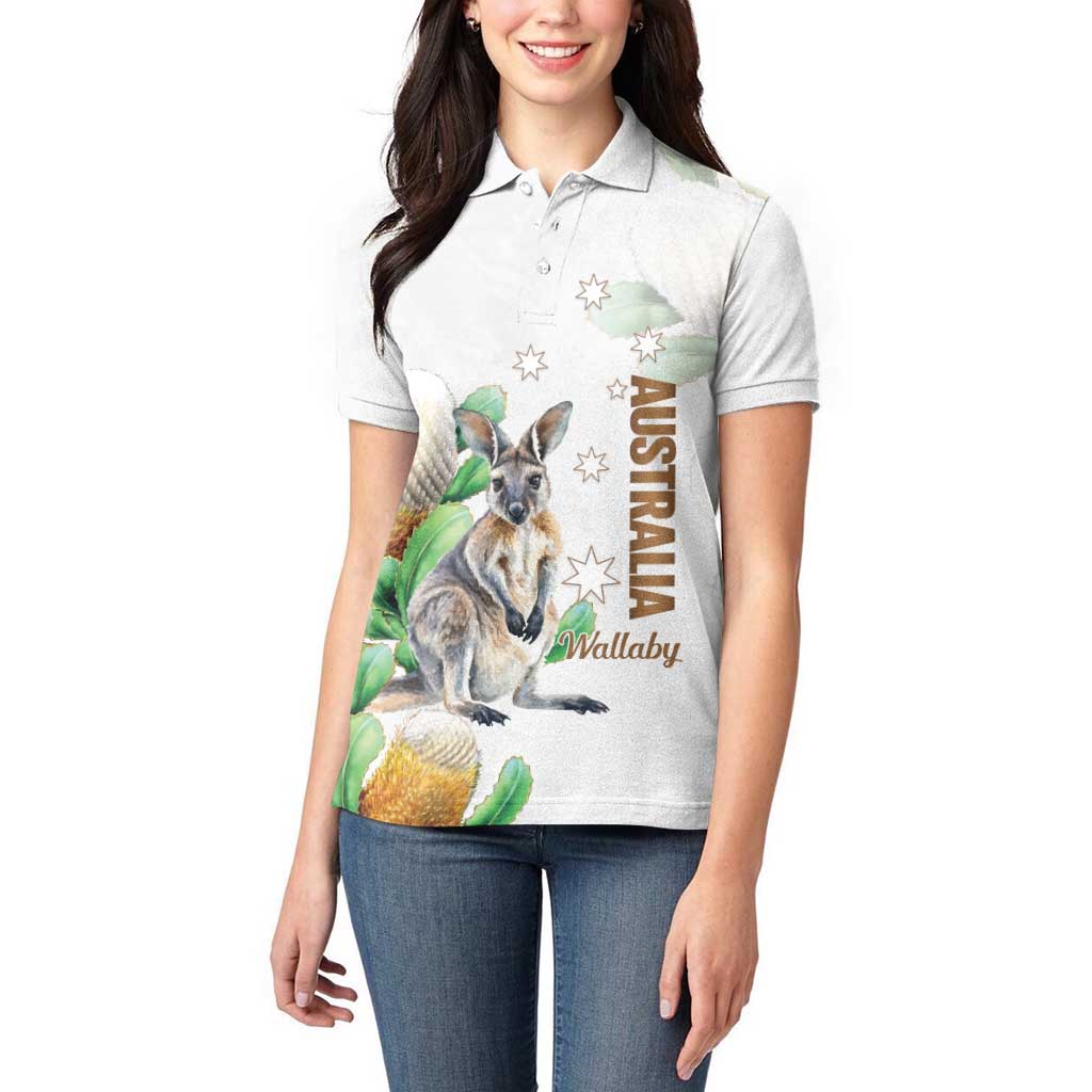 Australia Wallaby Women Polo Shirt Yellow Banksia Watercolor Style - Aussie Hoodie