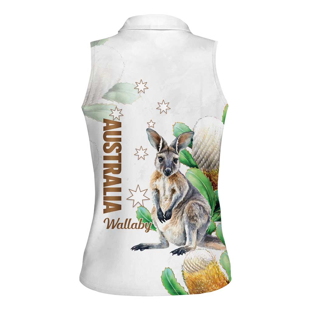 Australia Wallaby Women Sleeveless Polo Shirt Yellow Banksia Watercolor Style - Aussie Hoodie