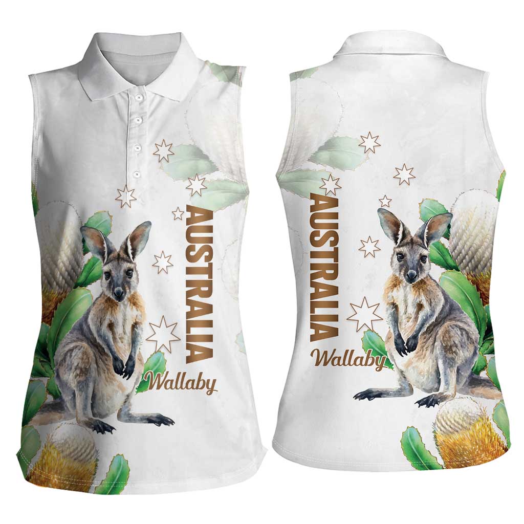Australia Wallaby Women Sleeveless Polo Shirt Yellow Banksia Watercolor Style - Aussie Hoodie