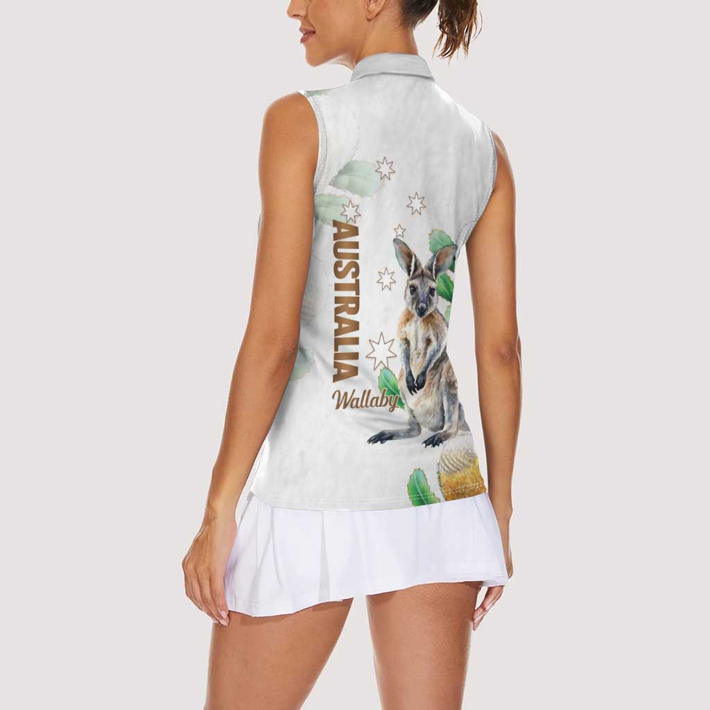 Australia Wallaby Women Sleeveless Polo Shirt Yellow Banksia Watercolor Style - Aussie Hoodie