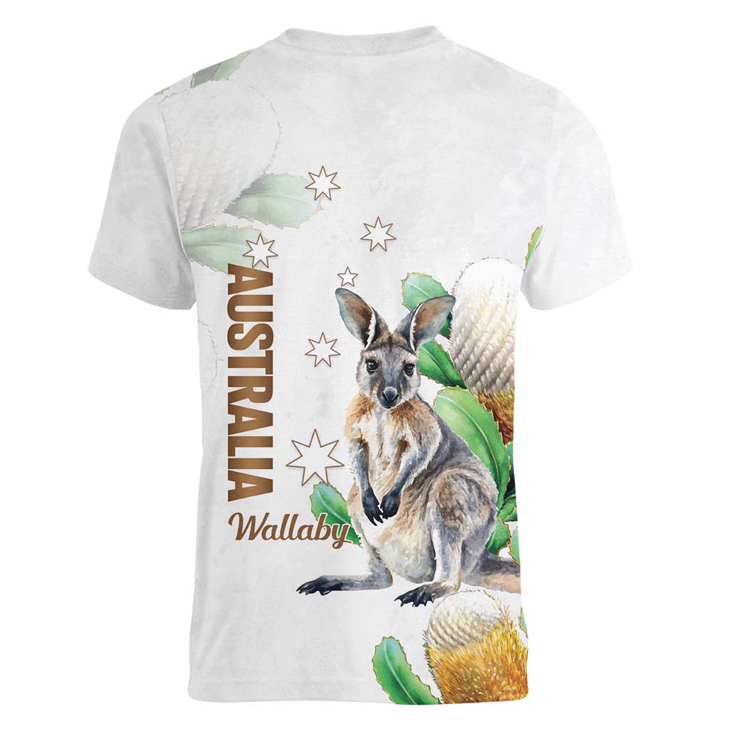 Australia Wallaby Women V-Neck T-Shirt Yellow Banksia Watercolor Style - Aussie Hoodie