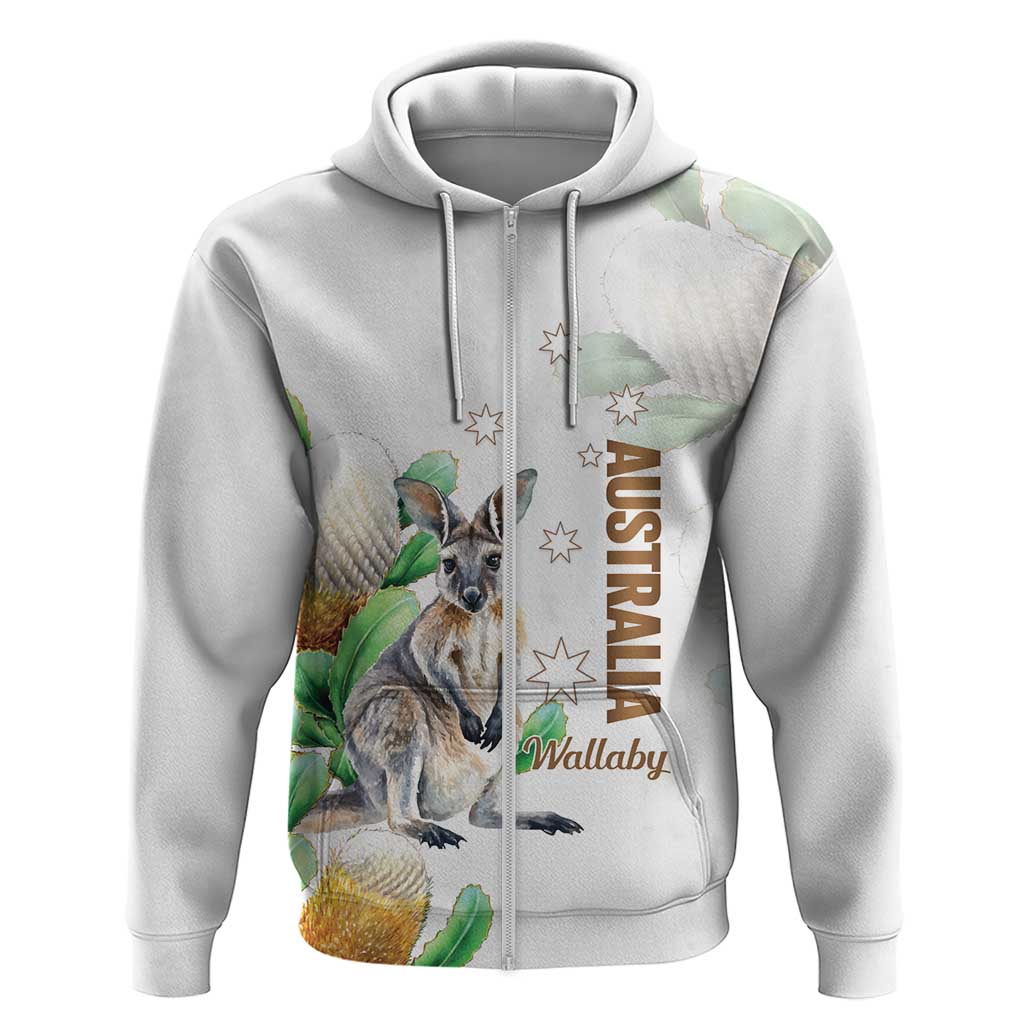 Australia Wallaby Zip Hoodie Yellow Banksia Watercolor Style - Aussie Hoodie