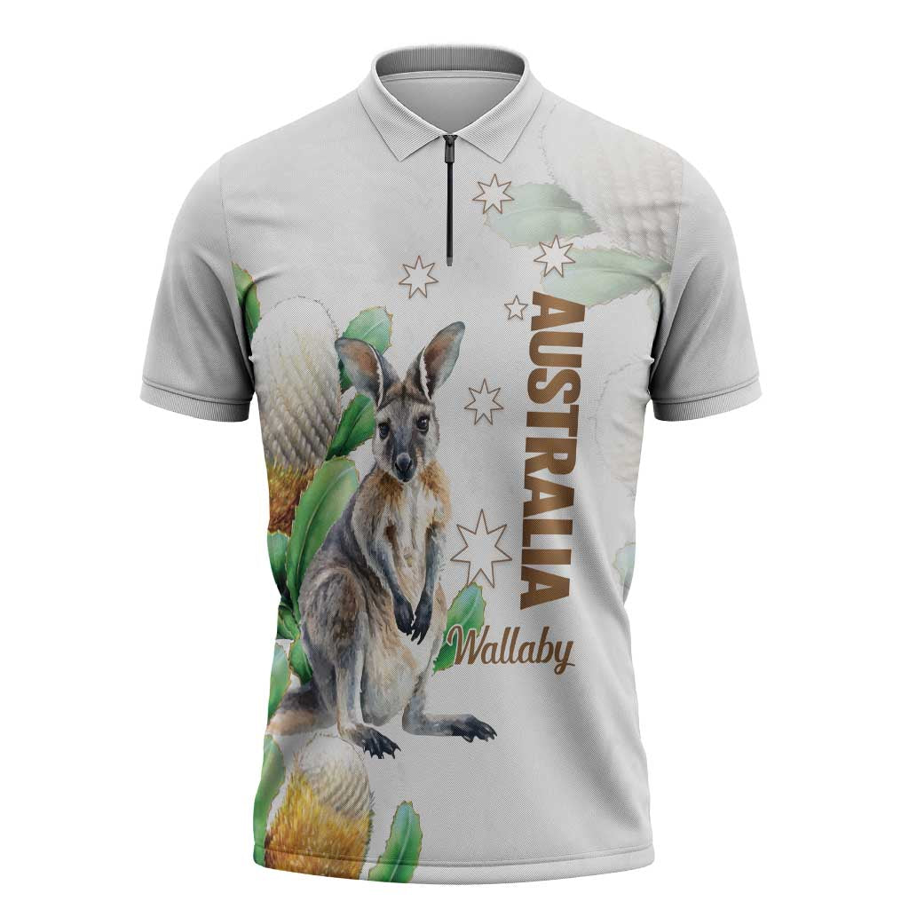 Australia Wallaby Zipper Polo Shirt Yellow Banksia Watercolor Style - Aussie Hoodie