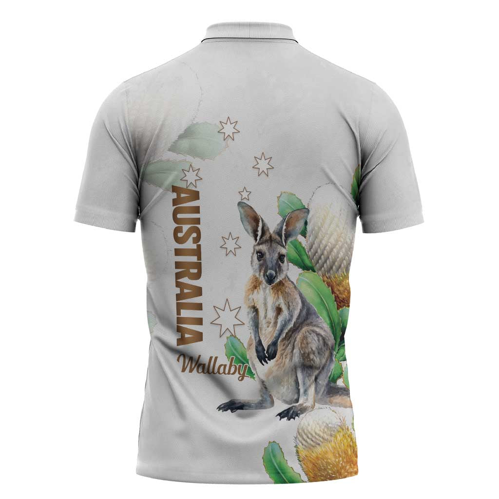 Australia Wallaby Zipper Polo Shirt Yellow Banksia Watercolor Style - Aussie Hoodie