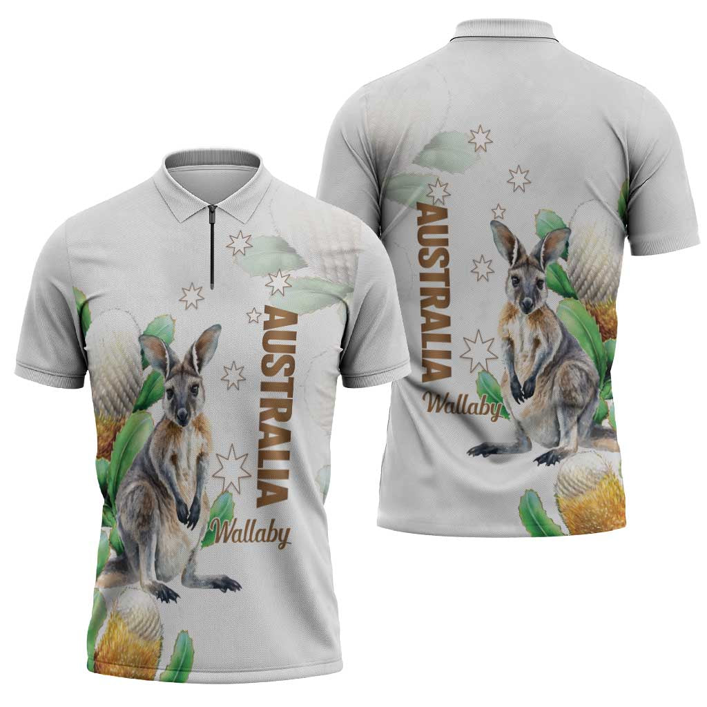 Australia Wallaby Zipper Polo Shirt Yellow Banksia Watercolor Style - Aussie Hoodie