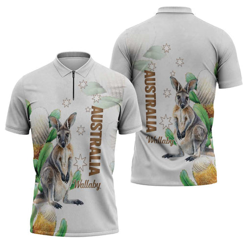Australia Wallaby Zipper Polo Shirt Yellow Banksia Watercolor Style - Aussie Hoodie