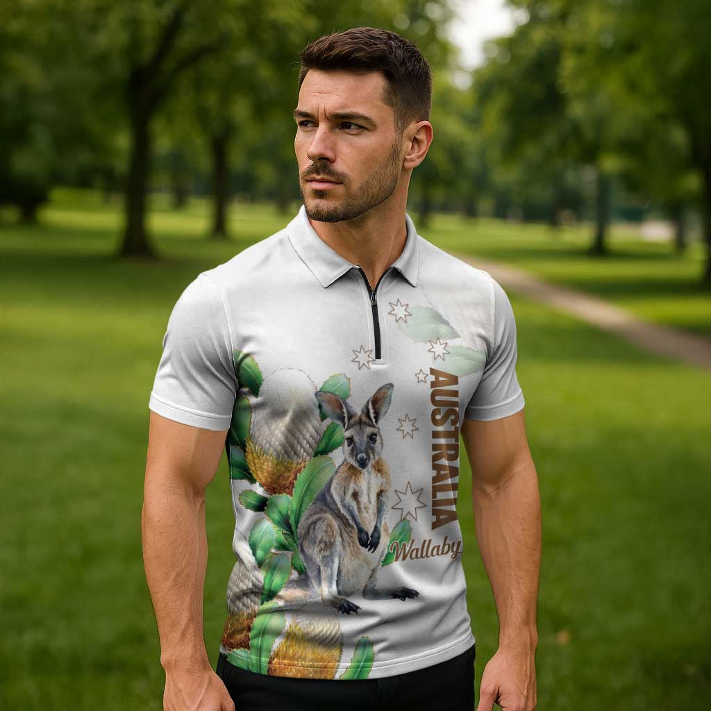 Australia Wallaby Zipper Polo Shirt Yellow Banksia Watercolor Style - Aussie Hoodie