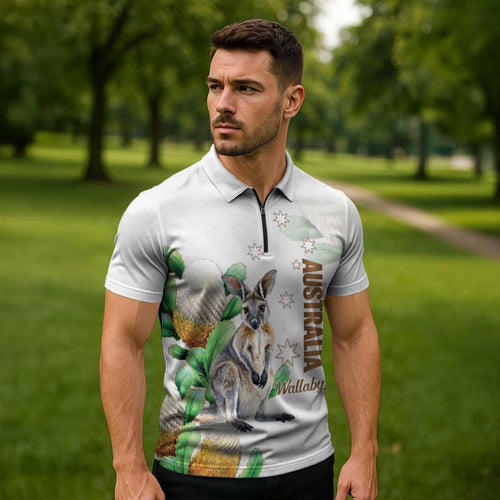 Australia Wallaby Zipper Polo Shirt Yellow Banksia Watercolor Style - Aussie Hoodie