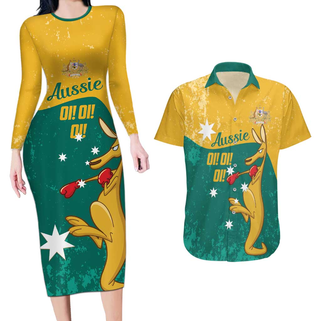 Personalised Boxing Kangaroo Couples Matching Long Sleeve Bodycon Dress and Hawaiian Shirt Aussie Oi Oi Oi Sporty National Color - Aussie Hoodie